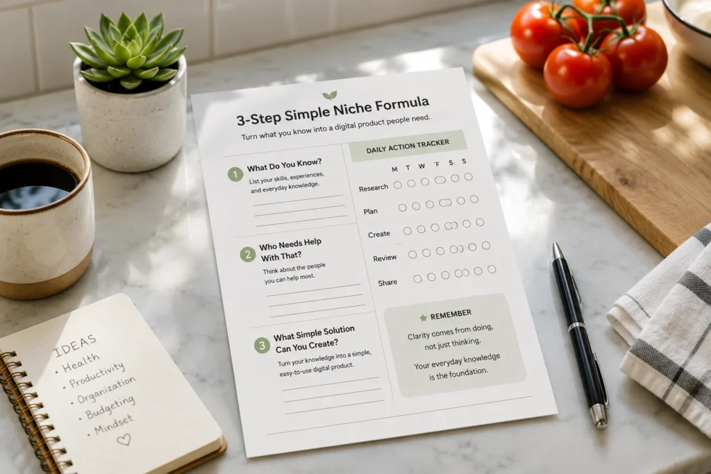A beautifully organized daily habit tracking sheet with a succulent, tomatoes, and pen on a sunny kitchen counter, symbolizing a simple step-by-step niche formula.