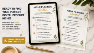 A professional digital mockup of the free Niche Planner Checklist shown on a tablet and as a printed page on a clean marble desk.