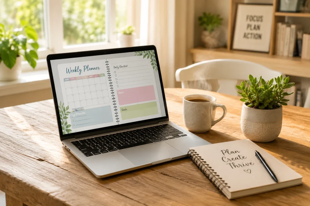A close-up of a laptop showing an organized digital habit tracker template in a cozy home setting.

