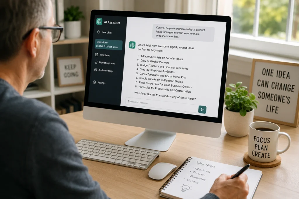 A focused beginner using a conversational AI interface on a clean home office desktop to brainstorm digital product ideas.