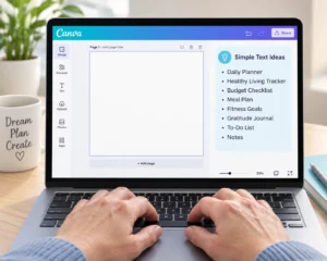 A beginner-friendly view of creating a simple text layout inside the Canva design tool on a desktop computer.