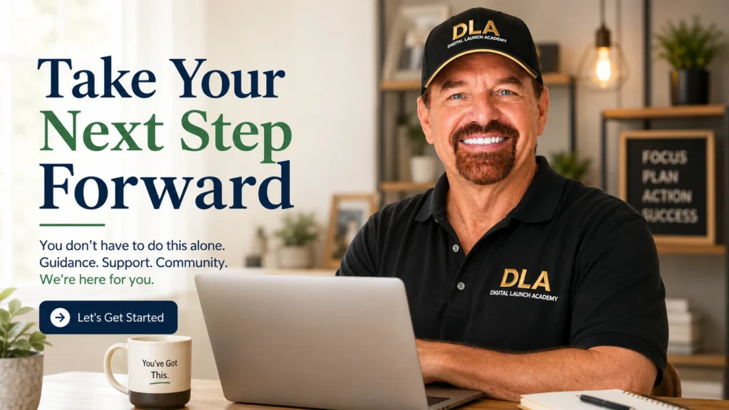 A welcoming and friendly mentor, Glenn Byers, sitting with a laptop in a bright room, offering support to beginners starting an online business.