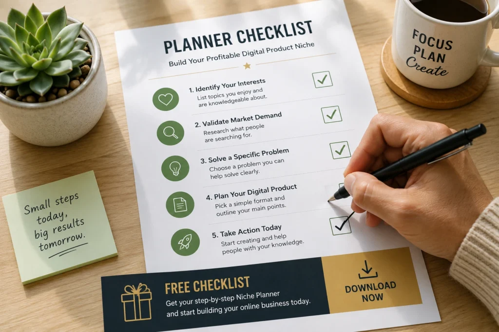 A close-up, motivated hand finishing a checkmark on a printed modern 'Planner Checklist' next to a succulent, signaling progress on their digital product niche.