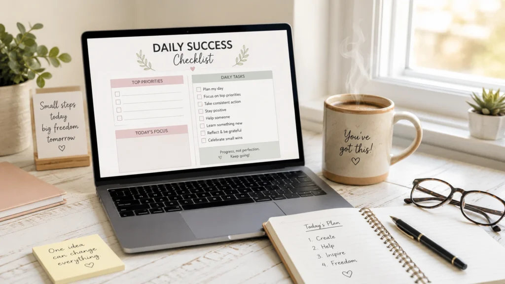A bright, peaceful workspace featuring an open laptop showing a simple checklist printable next to a warm coffee mug and eyeglasses.