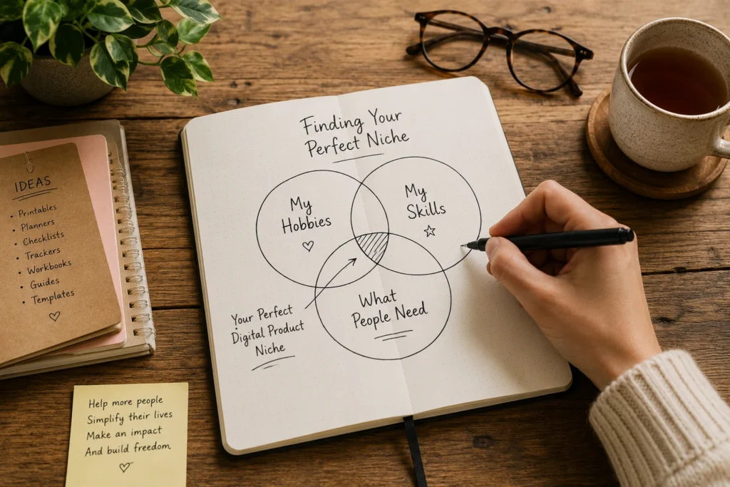 An overhead view of a hand drawing a Venn diagram in a notebook to find a digital product niche based on skills, hobbies, and market needs. find-your-digital-product-niche