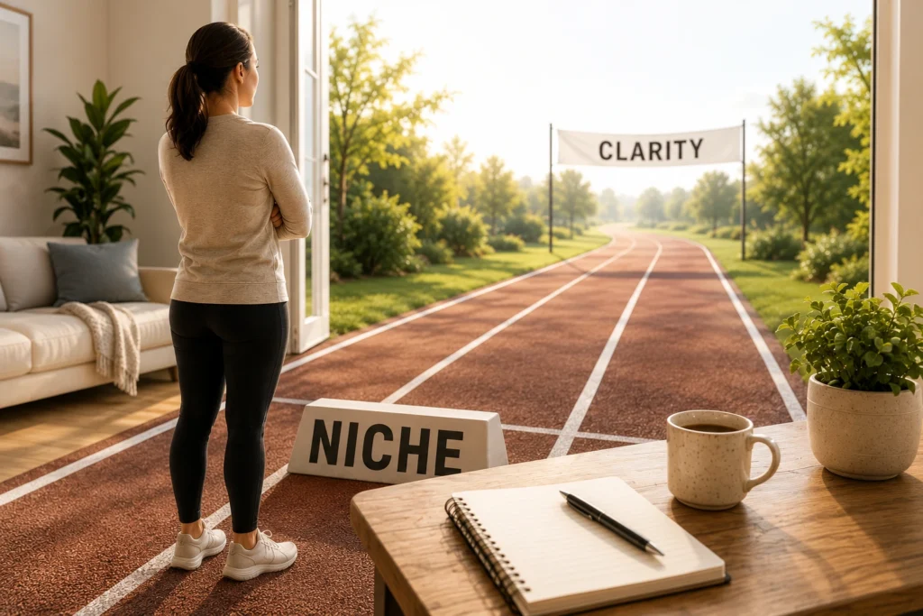 A beginner confidently standing at a starting line labeled 'NICHE' while planning on a notebook and laptop in a sunlit home office, finding clarity in their direction.
