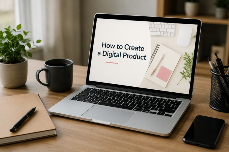 Clean modern desk workspace with a laptop screen displaying text that reads How to Create a Digital Product next to a coffee mug, notebook, and smartphone.
