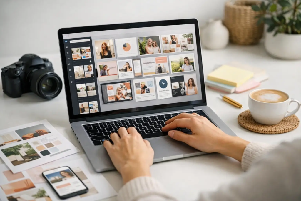 Clean modern desk workspace with a laptop screen displaying Canva templates with a camera, next to a coffee mug, printed templates, and a smartphone. How-to-sell-canva-templates-for-beginners