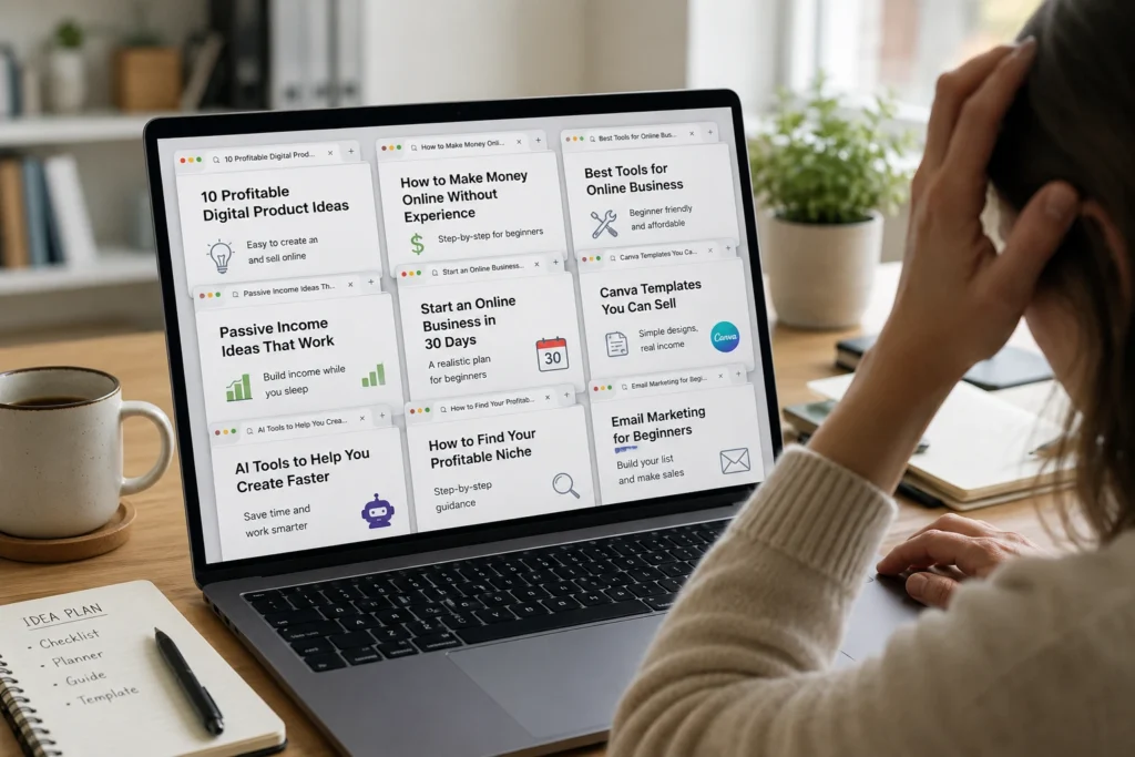A close-up view of hands and an illuminated laptop screen showing multiple conflicting tabs, emphasizing technical overwhelm and choice paralysis in a clean home office setting.