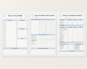 Examples of simple, one-page printable daily planners, medication trackers, and household budget sheets.