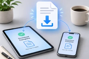 A simple, clean illustration of a digital download file icon hovering over a tablet and a smartphone screen.