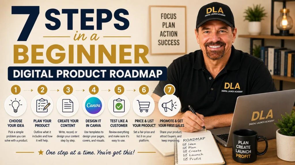 Glenn is teaching his class at his desk the 7 steps in a beginner digital product roadmap.