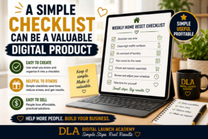 A simple checklist can be a valuable Digital Product. Laptop showing a weekly home reset checklist .