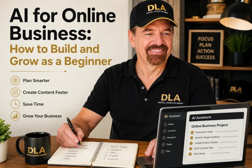 Glenn working at a laptop and notebook while using AI to organize an online business project.