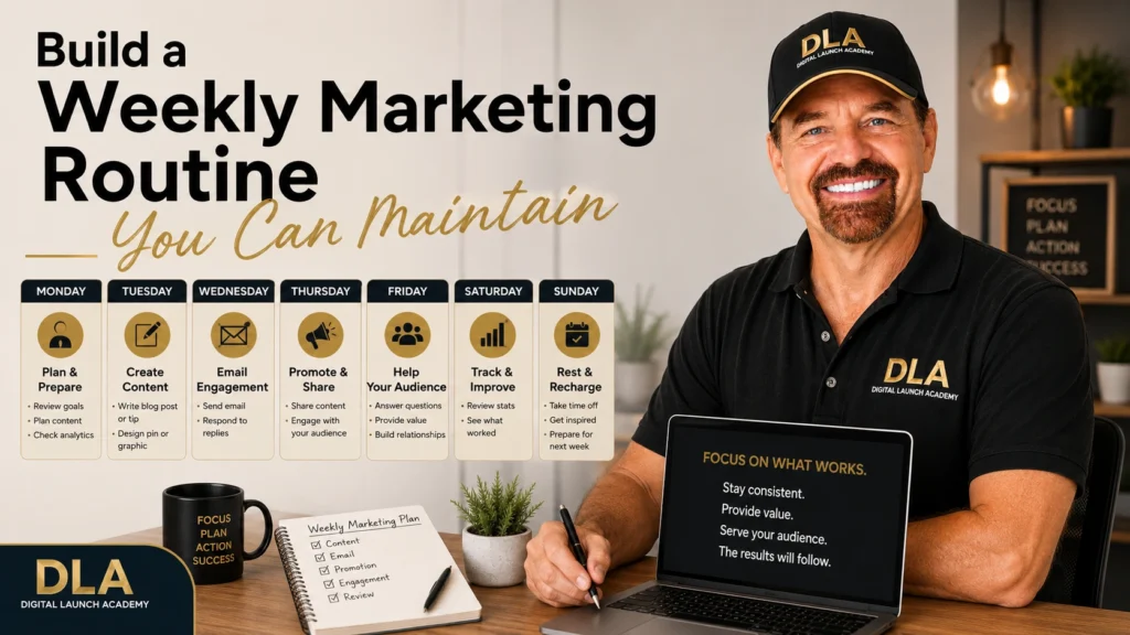 Glenn is telling everyone in class to build a weekly marketing routine that you can maintain. Focus on what works.