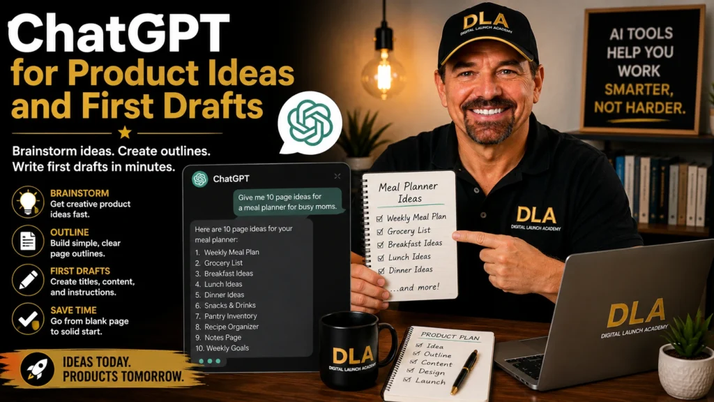 Glenn is sharing one of the AI tools for beginners to use like ChatGPT for product ideas and first drafts.