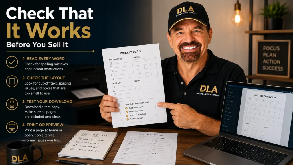 Glenn is telling his student to always check that it works before you sell the digital products.