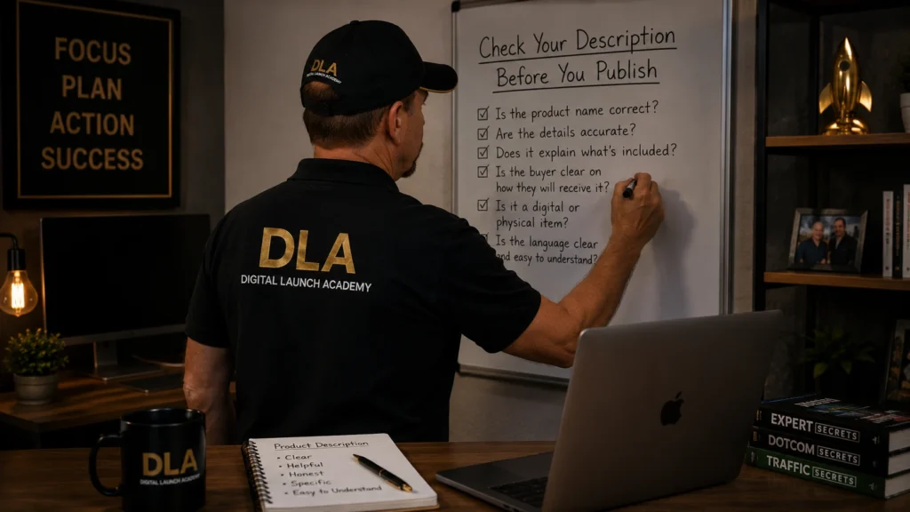 Glenn is showing the class to check your description before you publish it with a little checklist on the white board.
