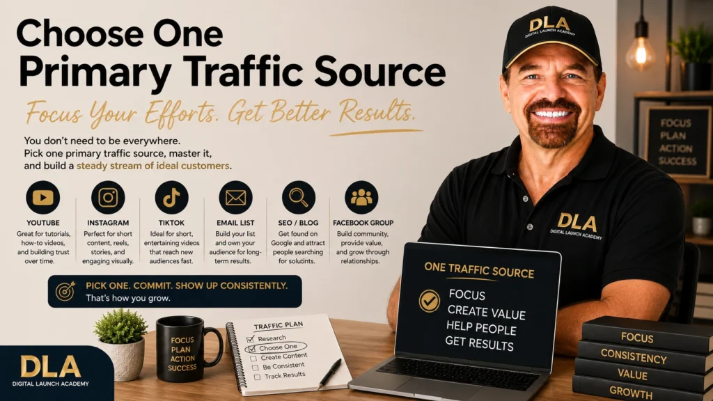 Glenn tells the class to focus and choose one primary traffic source.