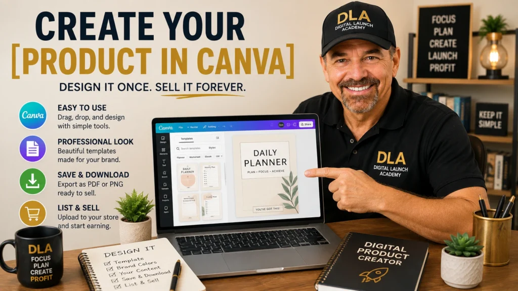 Glenn is in the office teach a class online how to create your product in Canva. He has made a daily planner.