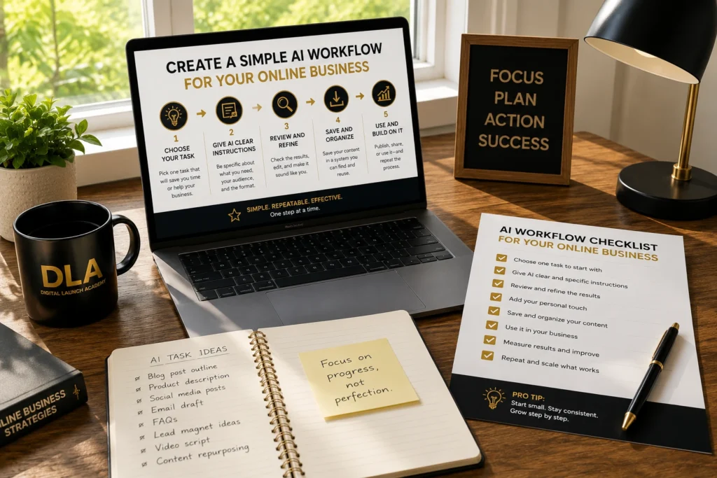 A simple AI-assisted business workflow on a laptop in his office.