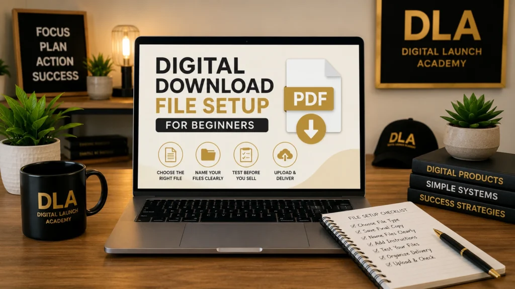 Laptop showing digital download fole setup for beginners