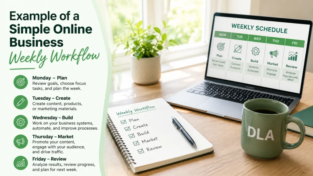 Here is an example of a simple online business weekly workflow Monday thru Friday
