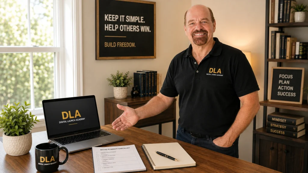 Glenn Byers inviting beginners to take the next step with a free niche planner checklist in a warm modern home office. free-niche-planner-checklist-cta.webp