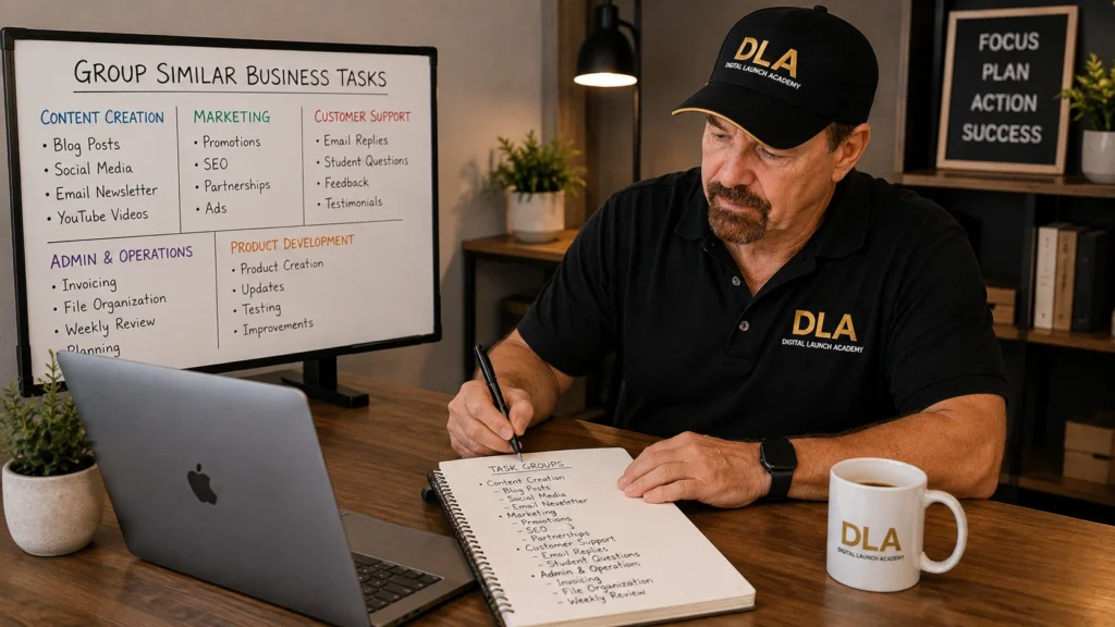 Glenn is teaching the students how to group similar business tasks together from his office.