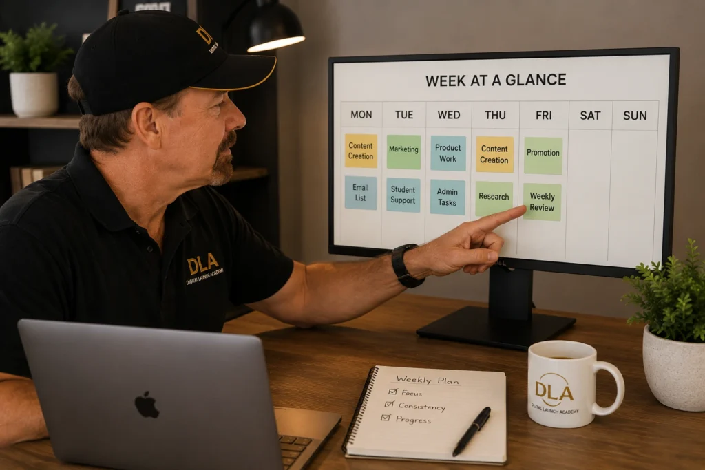 Glenn is teaching his class how to create a simple online business weekly workflow.