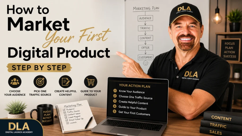 Glenn is showing the class how to market your first digital product step by step. The is an action plan on the laptop.