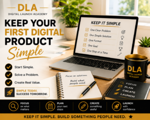 Laptop showing: keep it simple. The lesson is to keep your first digital product simple