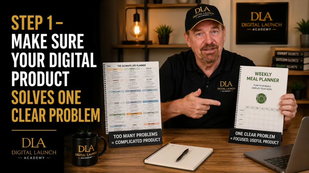 Glenn is telling the students to make sure your digital product solves one clear problem.