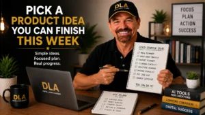Glenn is telling the class online to pick a product idea you can finish this week.