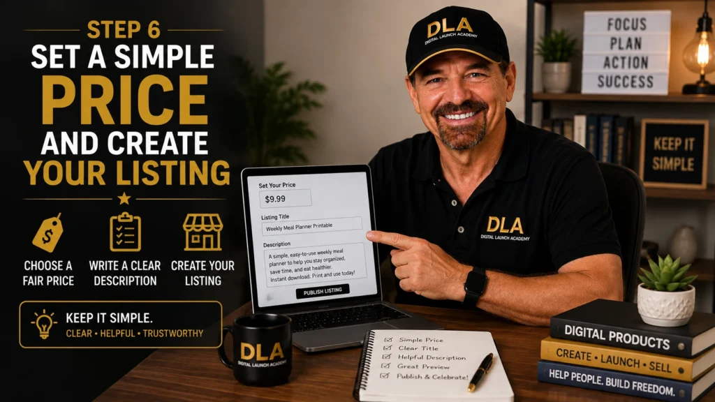 Glenn is showwing the class how to set a simple price and create your listing. Give it a title and description and price.