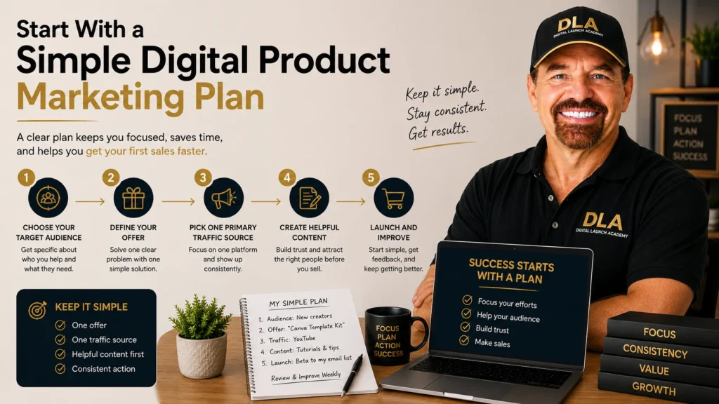 Glenn is sitting and talking with the class, telling them to start with a simple digital product marketing plan.