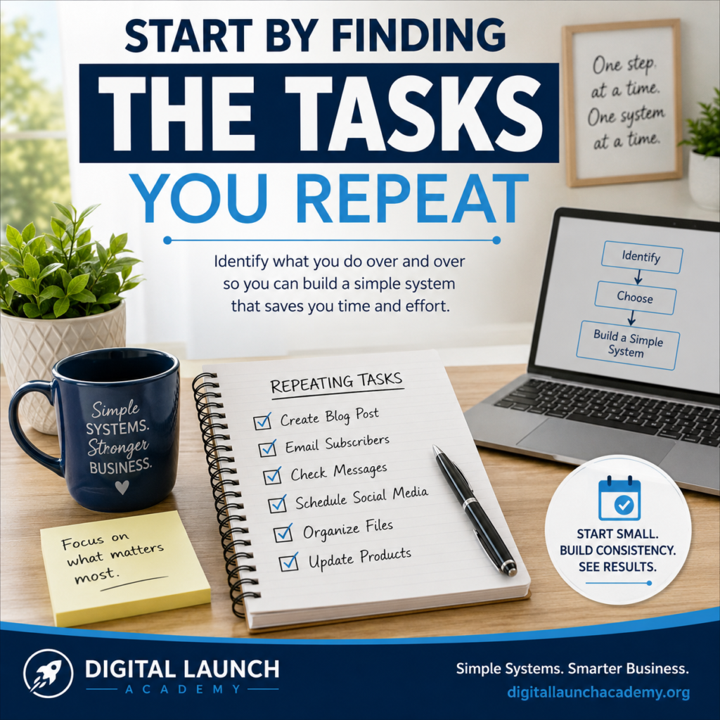 Making a list by finding the tasks you repeat shown in the notebook on the desk.