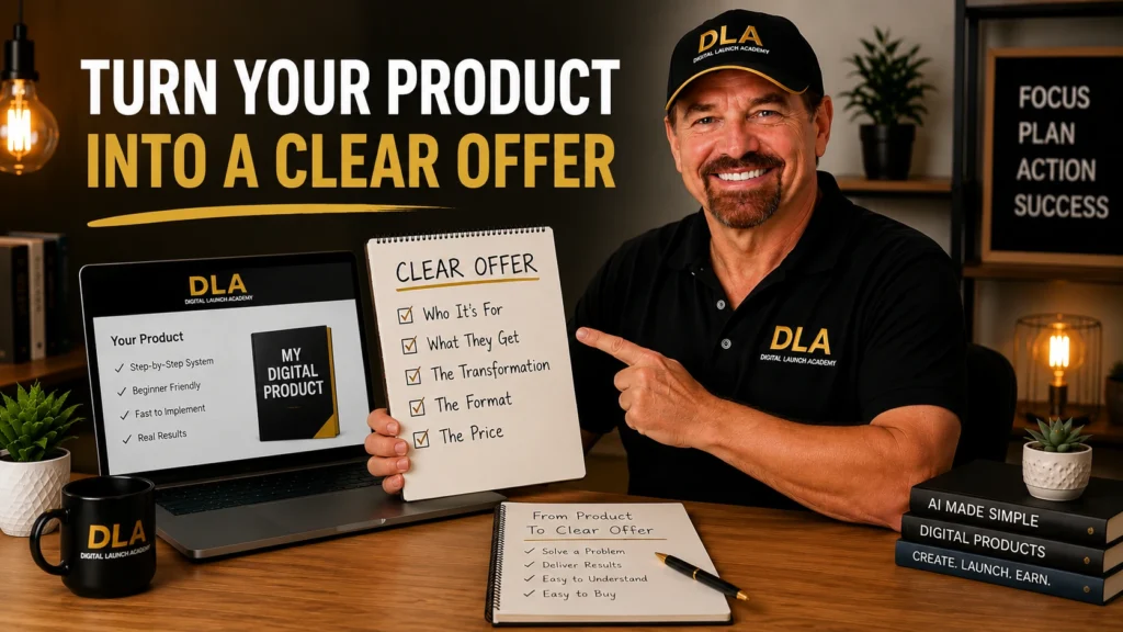Glenn says turn your product into a clear offer to his students. From the oofice where he teaches how to sell digital products.