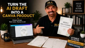 Glenn Is at his office showing his students how to turn the AI Draft Into a Canva Product