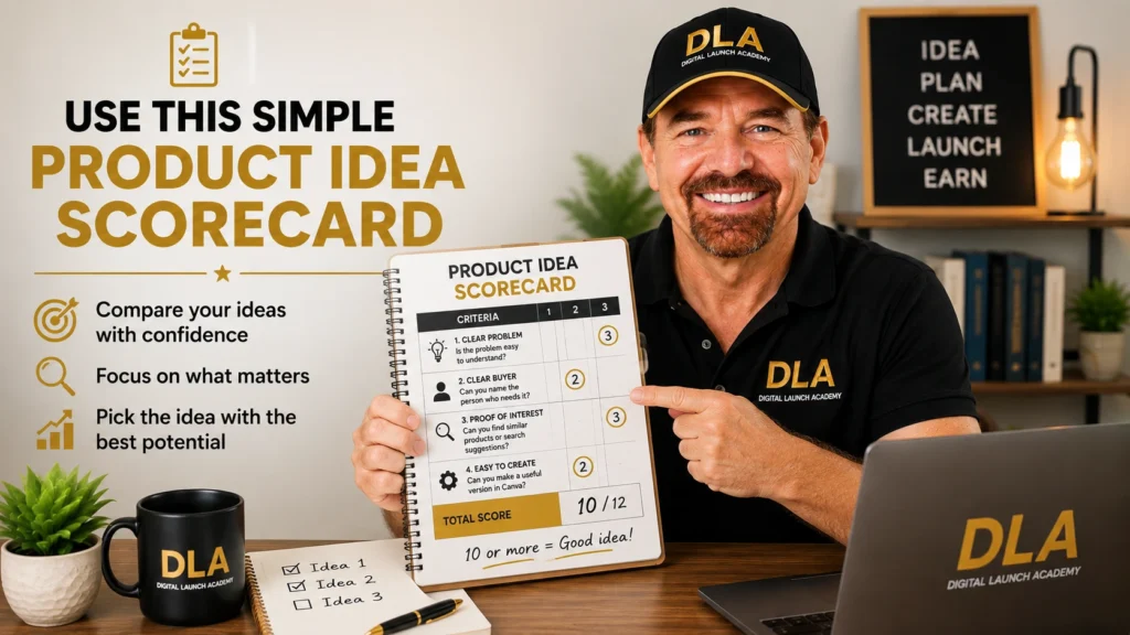 Glenn teaching the students a section called profitable digital product ideas and how to use a simple product idea scorecard.