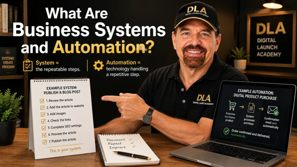 Glenn is showing what business systems and automation are, for example, blog post review or preview the article.