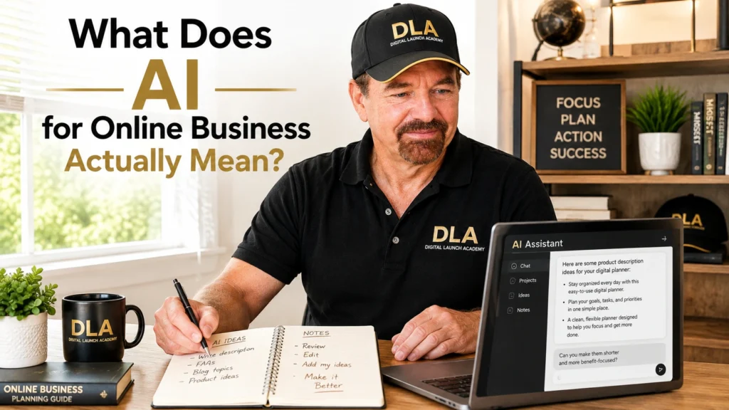 Glenn is teaching a class from his office on his laptop, and a student asks? What does AI for online business actually mean?