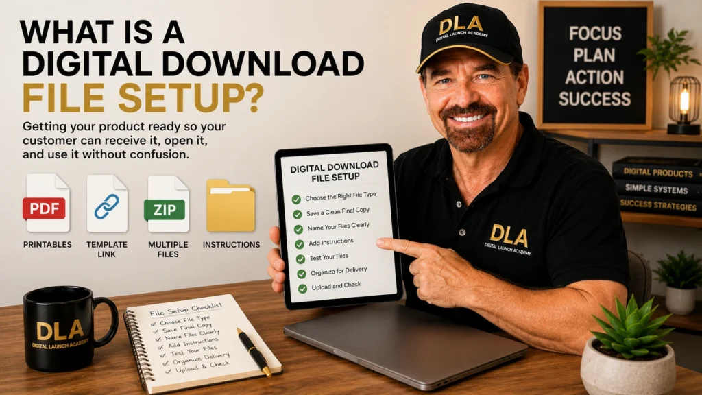 Student ask Glenn what is a digital download file setup?
