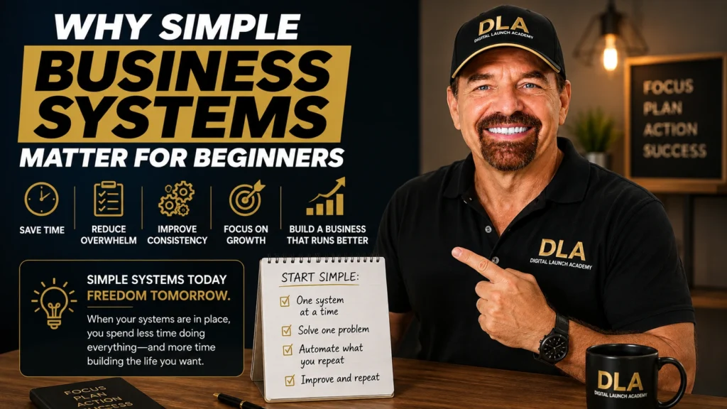 Glenn is telling his stuents why simple business systems matter for beginners. Because they save time and reduce overwhelm.