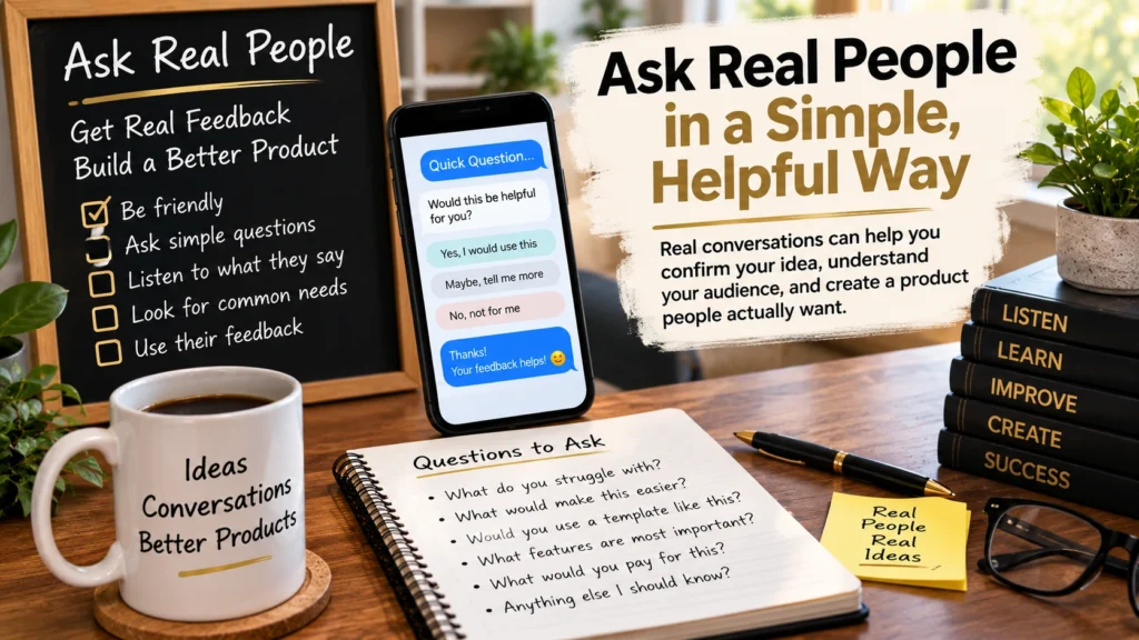 Ask Real People in a Simple, Helpful Way, taken at my work desk where I teach my class.