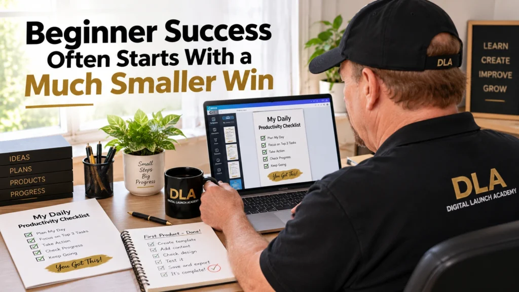 Beginner success often starts with a much smaller win. So Glenn is showing the class a daily checklist on the laptop