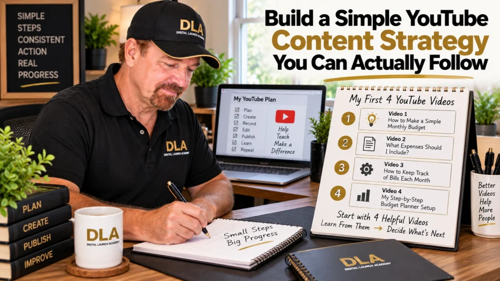 Glenn organizes four beginner video ideas into a simple YouTube content plan at his desk. Build a simple YouTube content strategy you can actually follow.