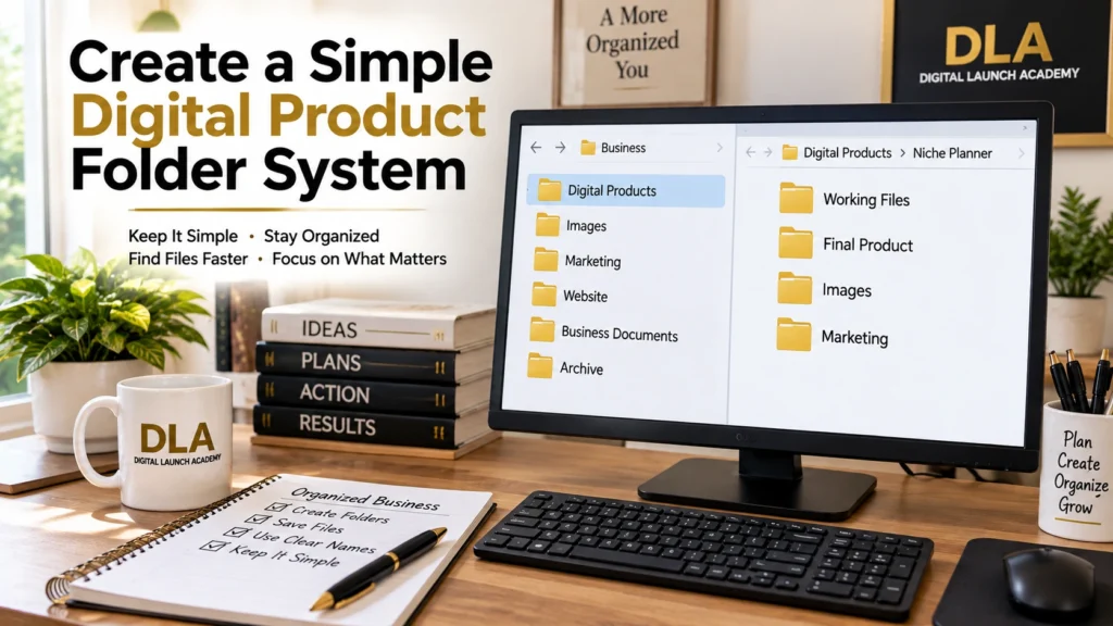 The computer displays a simple folder system for organizing digital product and business files. Keep it simple and create a simple digital product folder system.
