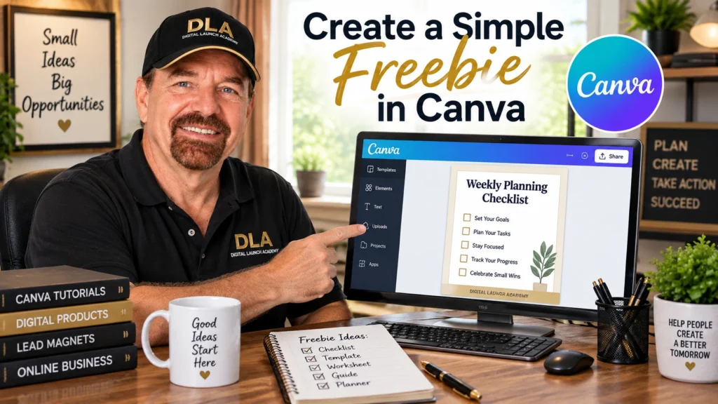 Glenn tells the class to create a simple freebie in Canva.