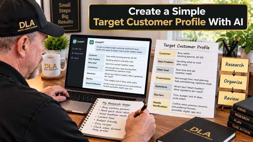 Glenn reviews AI-organized customer research and a simple one-page target customer profile at his desk.